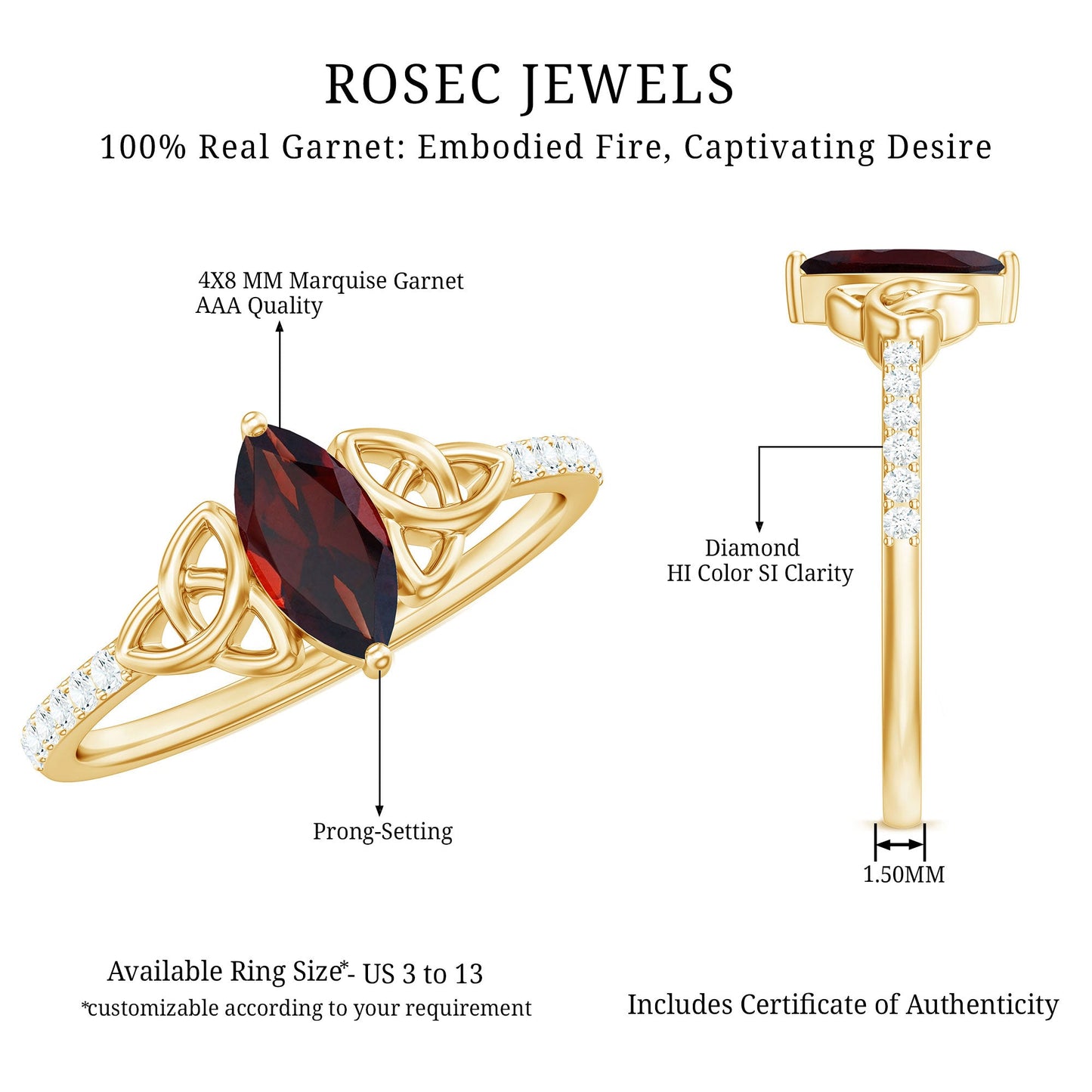 Real Garnet Diamond Marquise Engagement Ring with Celtic Knot