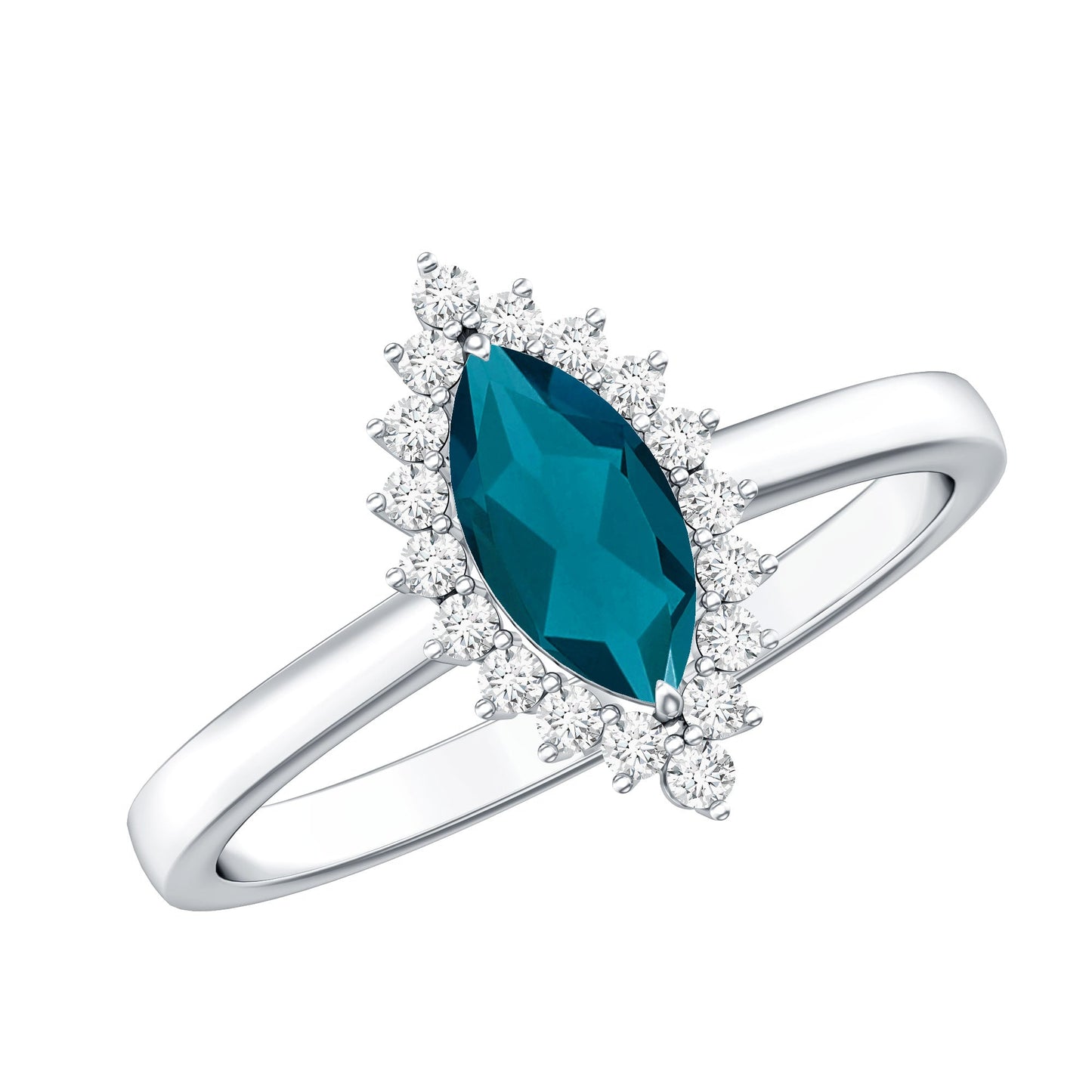 Elongated Marquise Blue Topaz Engagement Ring with Diamond Halo