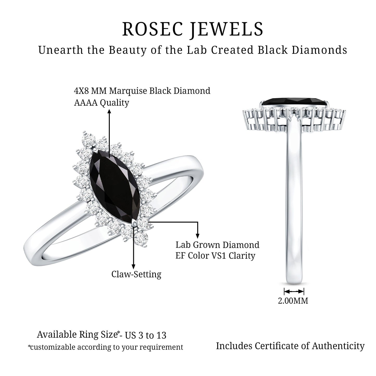 Certified 0.8 Carat Lab Grown Black Diamond Marquise Engagement Ring with Halo