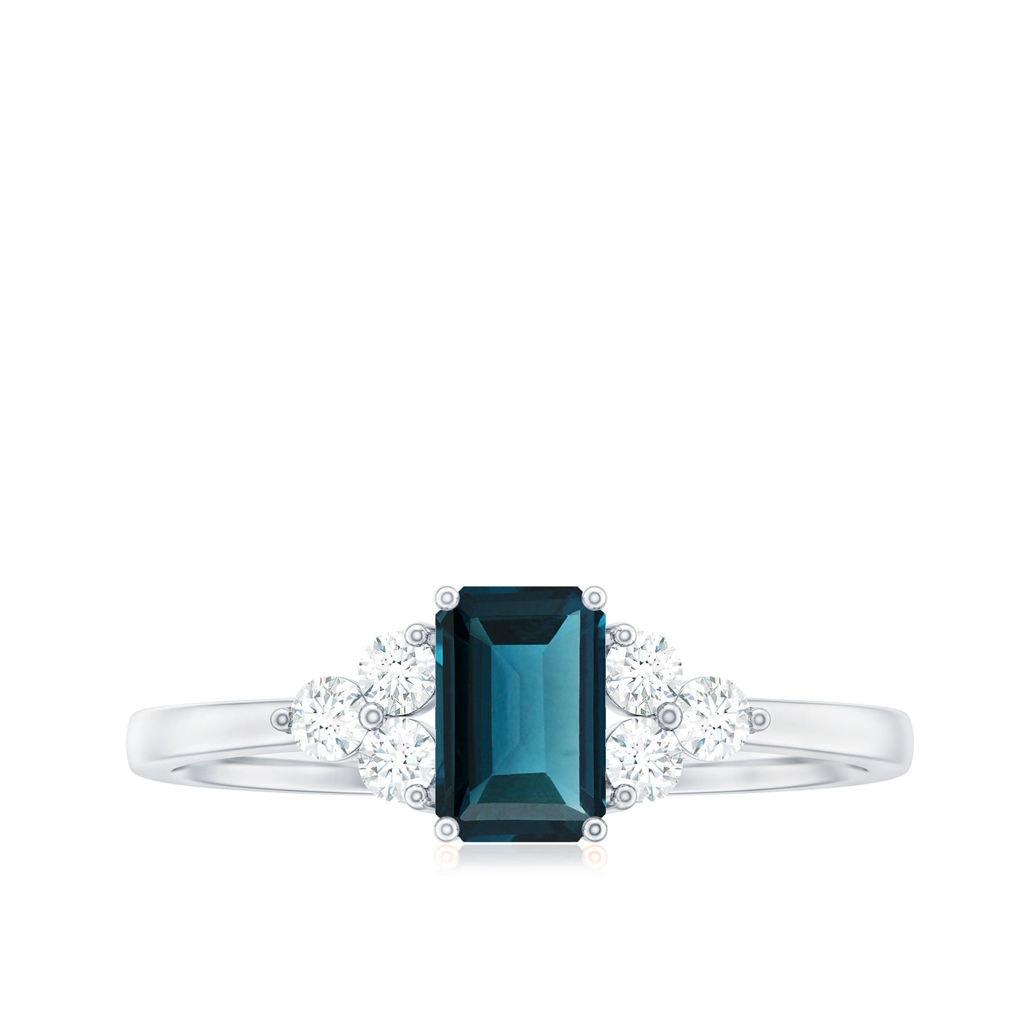 Emerald Cut London Blue Topaz Engagement Ring with Diamond Trio