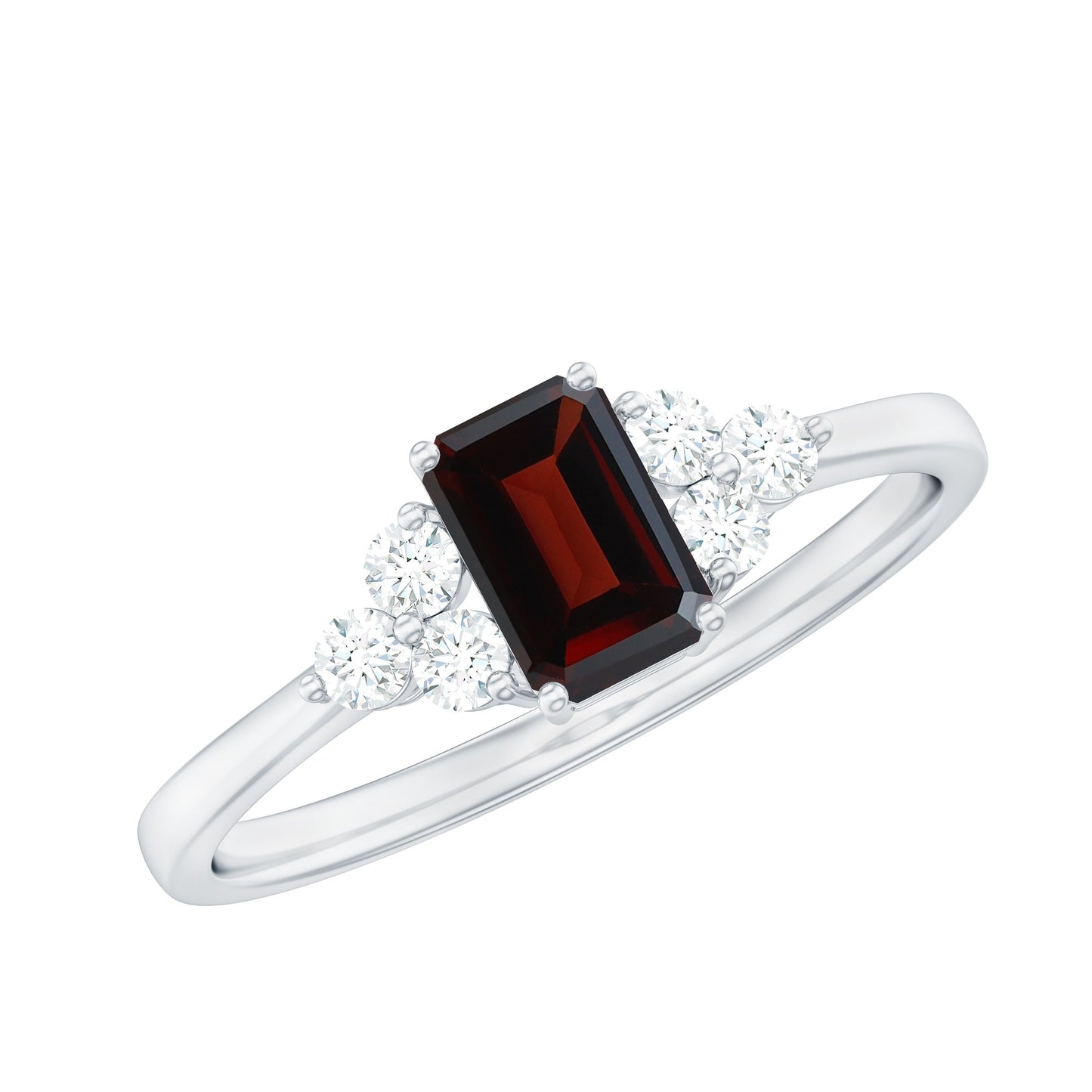 Certified Natural Garnet Emerald Cut Engagement Ring With Diamond Trio