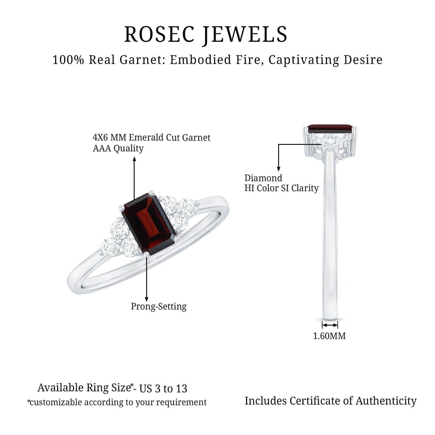 Certified Natural Garnet Emerald Cut Engagement Ring With Diamond Trio