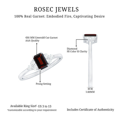 Certified Natural Garnet Emerald Cut Engagement Ring With Diamond Trio