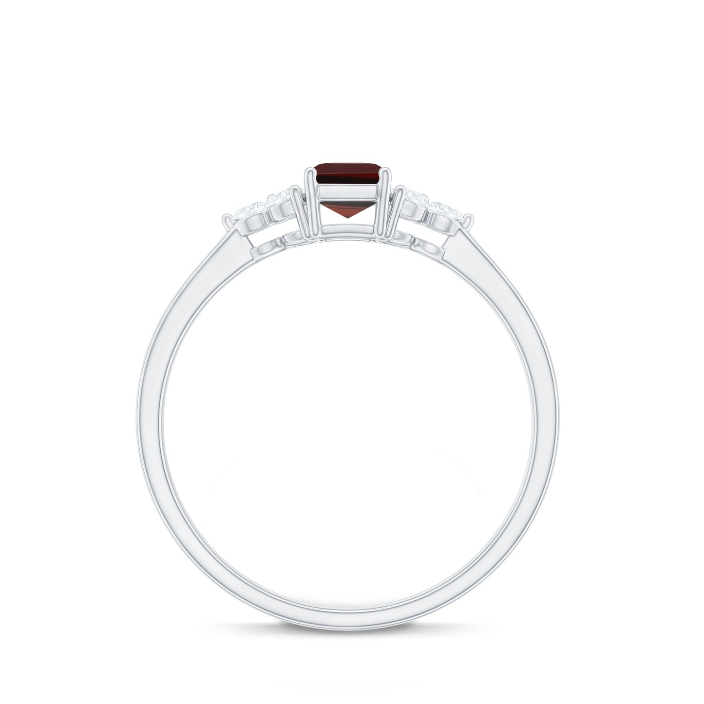 Certified Natural Garnet Emerald Cut Engagement Ring With Diamond Trio