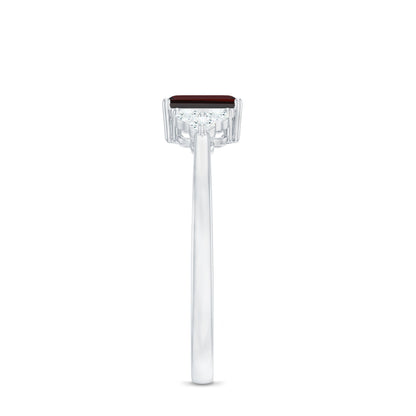 Certified Natural Garnet Emerald Cut Engagement Ring With Diamond Trio