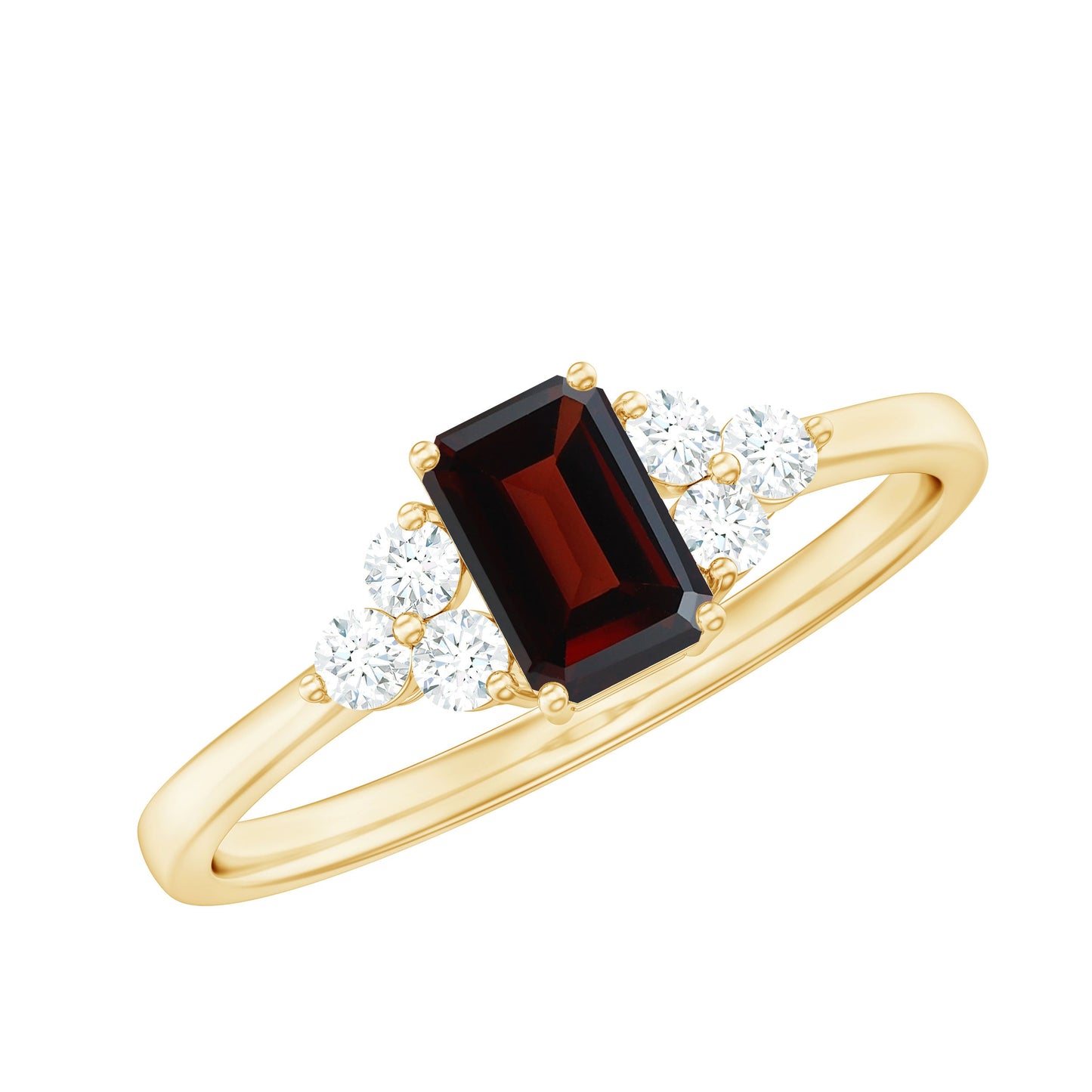 Certified Natural Garnet Emerald Cut Engagement Ring With Diamond Trio