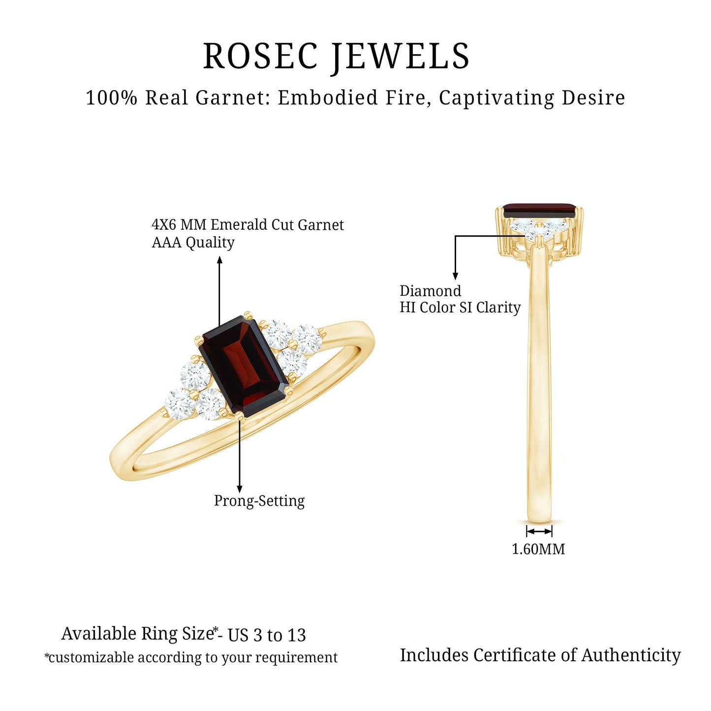 Certified Natural Garnet Emerald Cut Engagement Ring With Diamond Trio