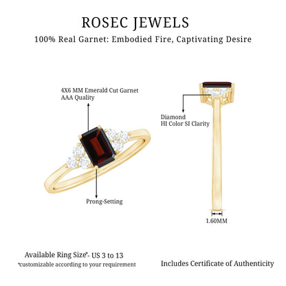 Certified Natural Garnet Emerald Cut Engagement Ring With Diamond Trio