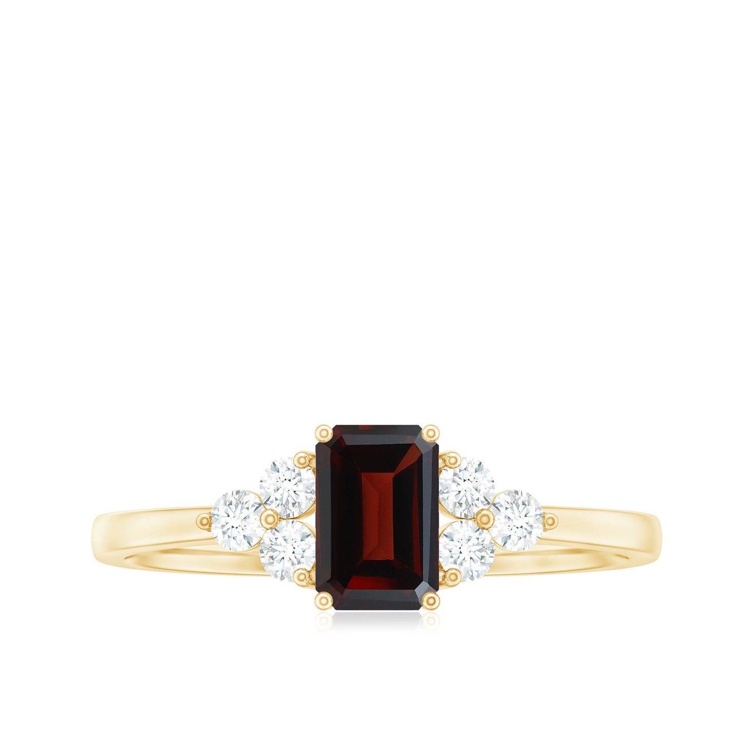 Certified Natural Garnet Emerald Cut Engagement Ring With Diamond Trio