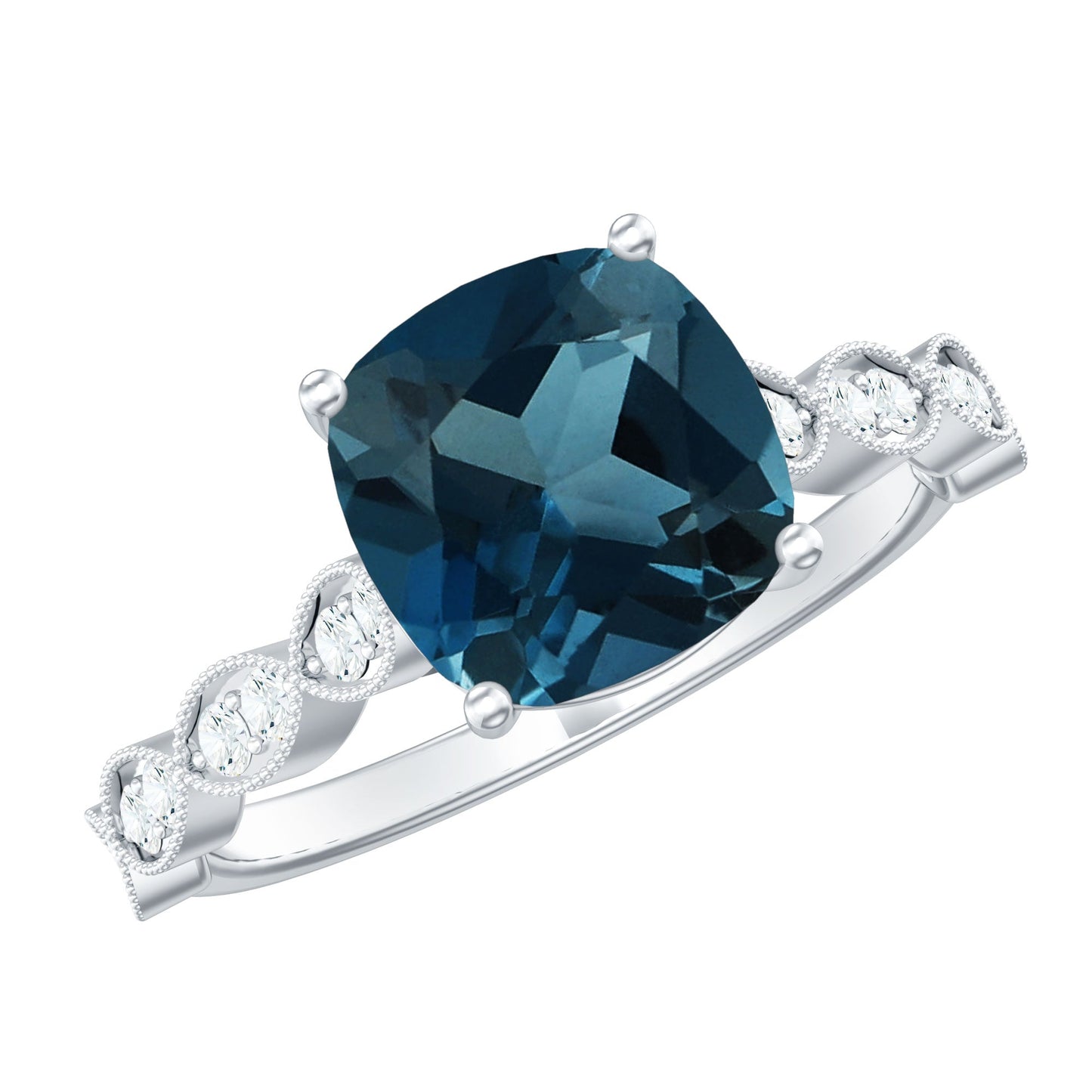 Cushion Cut London Blue Topaz Vintage Engagement Ring with Diamonds