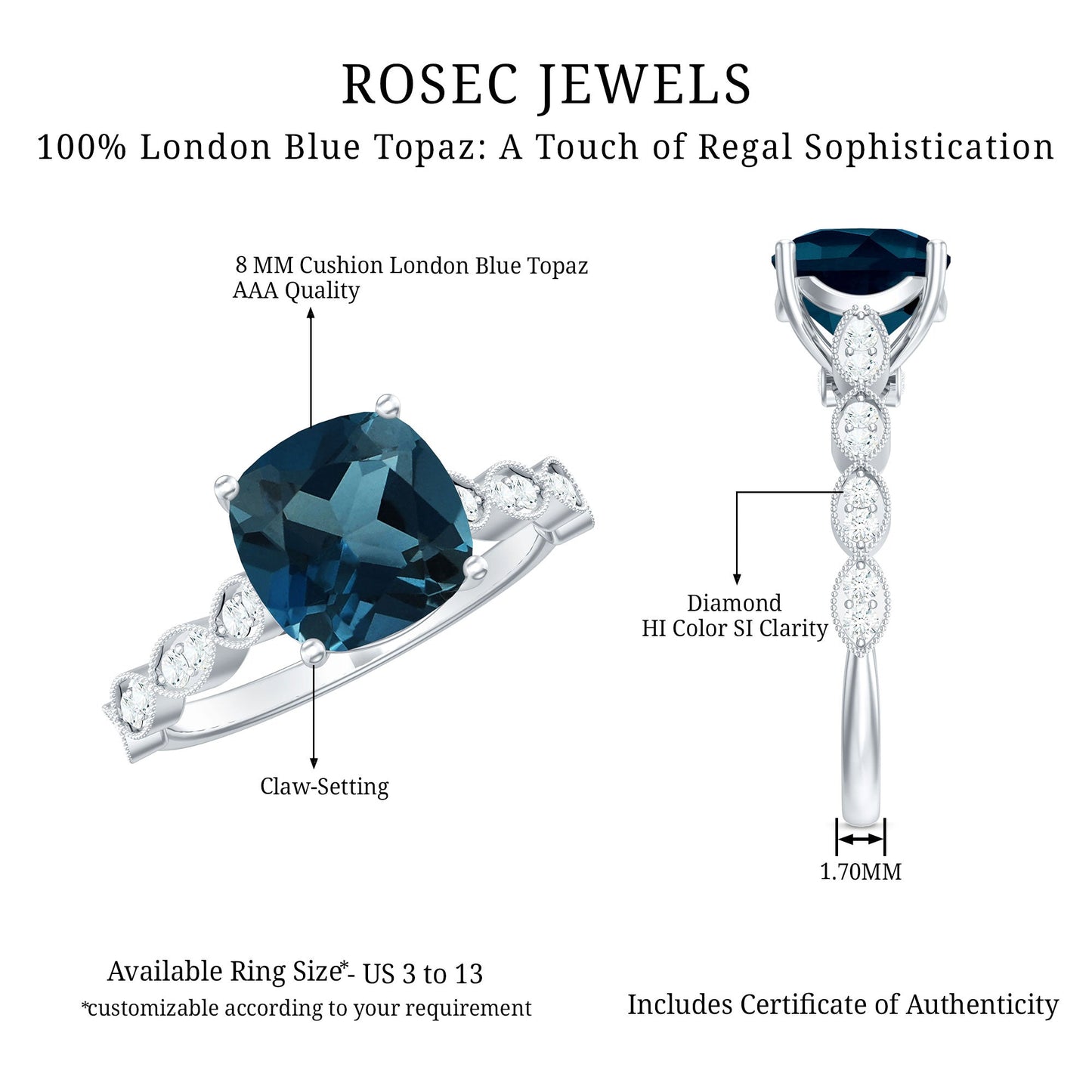 Cushion Cut London Blue Topaz Vintage Engagement Ring with Diamonds