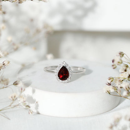 Classic Garnet Teardrop Engagement Ring with Diamond Halo