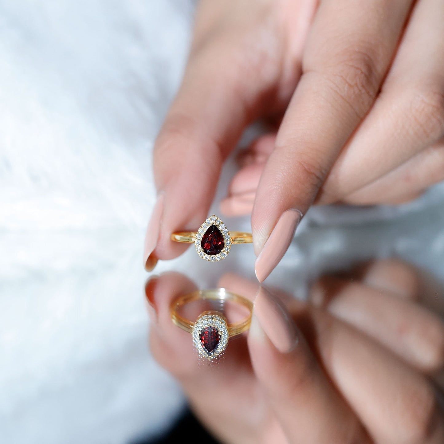 Classic Garnet Teardrop Engagement Ring with Diamond Halo
