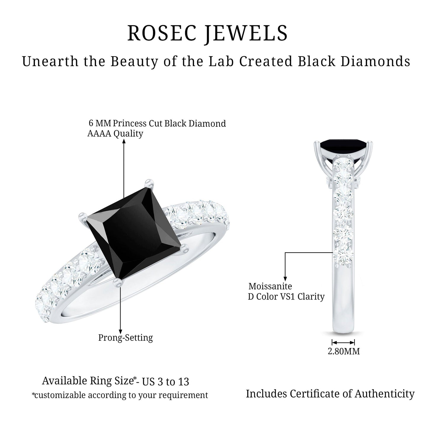 Certified 1 Carat Lab Grown Black Diamond Princess Cut Engagement Ring with Moissanite