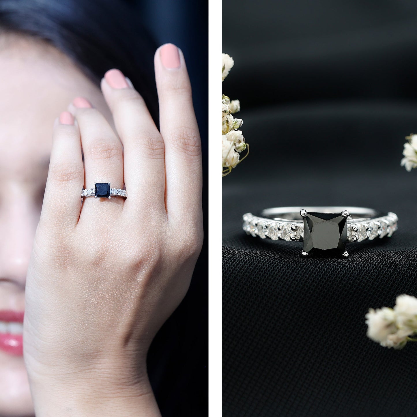 Certified 1 Carat Lab Grown Black Diamond Princess Cut Engagement Ring with Moissanite