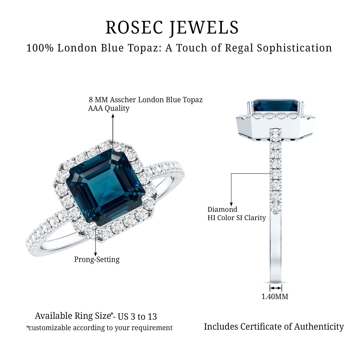 3 Carat Asscher Cut London Blue Topaz Vintage Engagement Ring with Diamond Halo