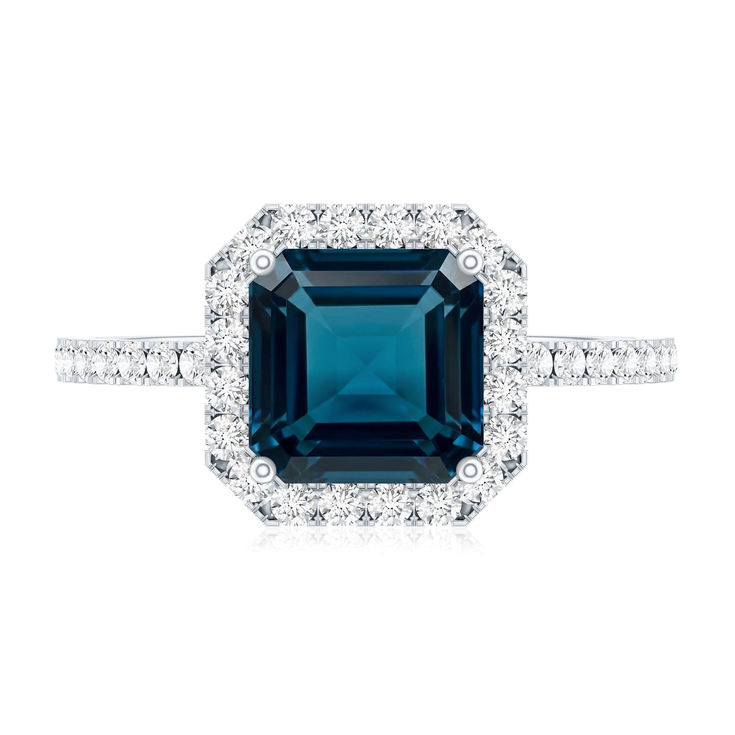3 Carat Asscher Cut London Blue Topaz Vintage Engagement Ring with Diamond Halo