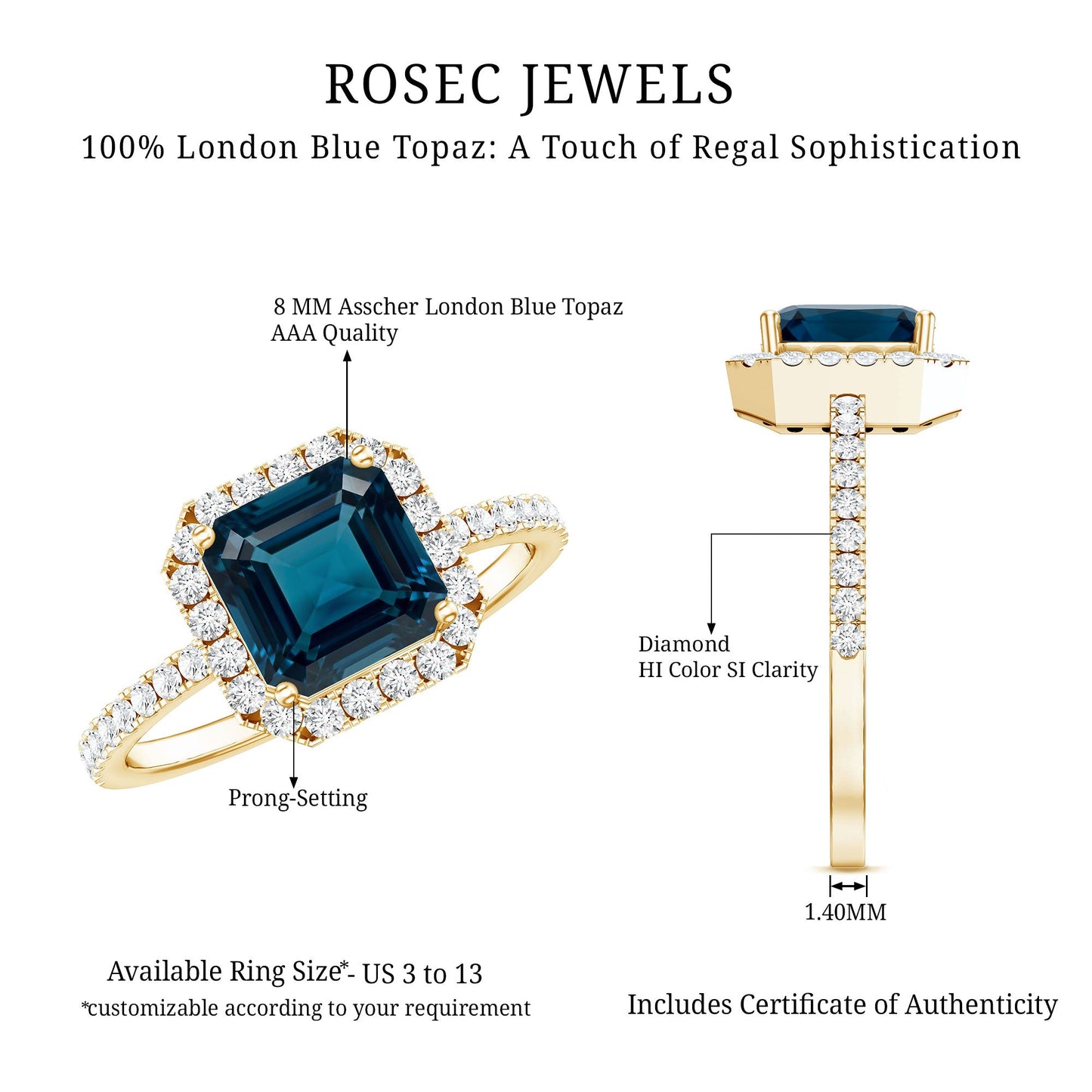 3 Carat Asscher Cut London Blue Topaz Vintage Engagement Ring with Diamond Halo