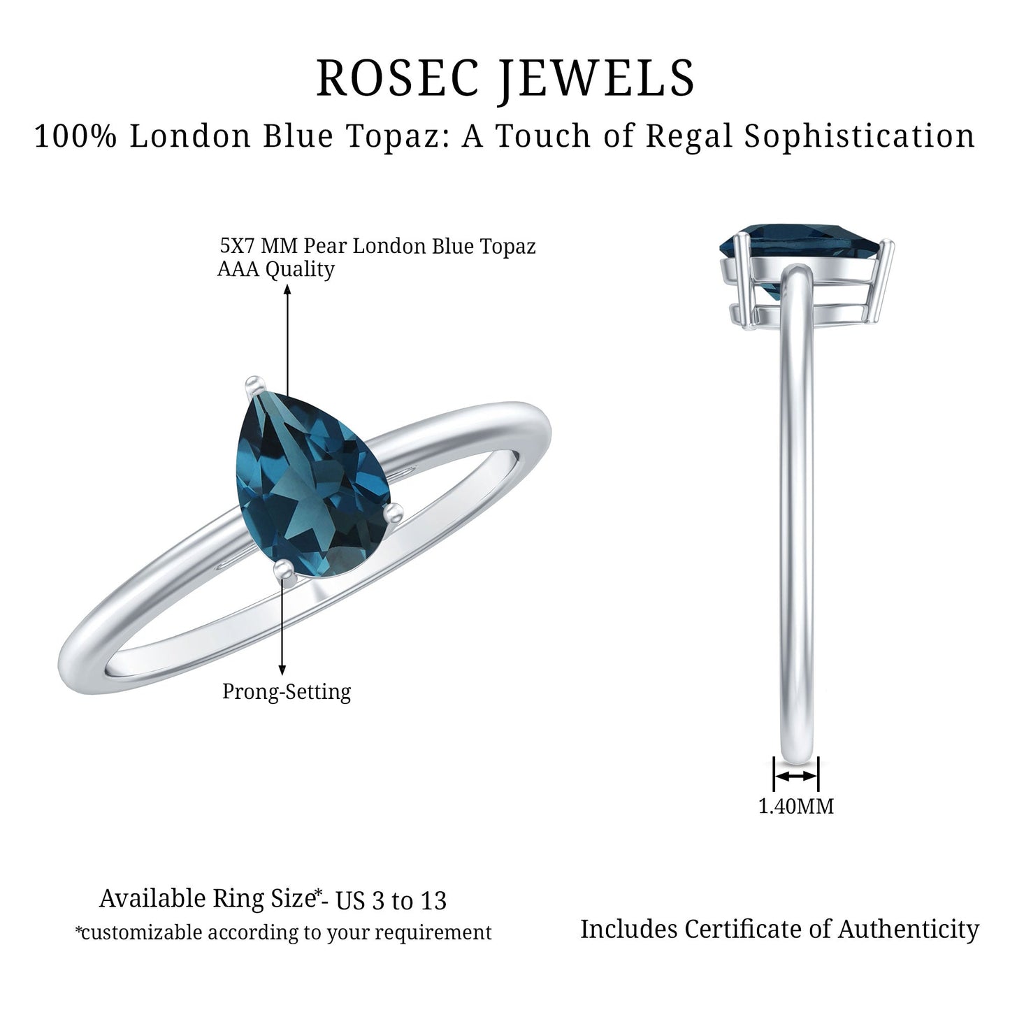 0.7 Carat Pear Shaped London Blue Topaz Solitaire Ring