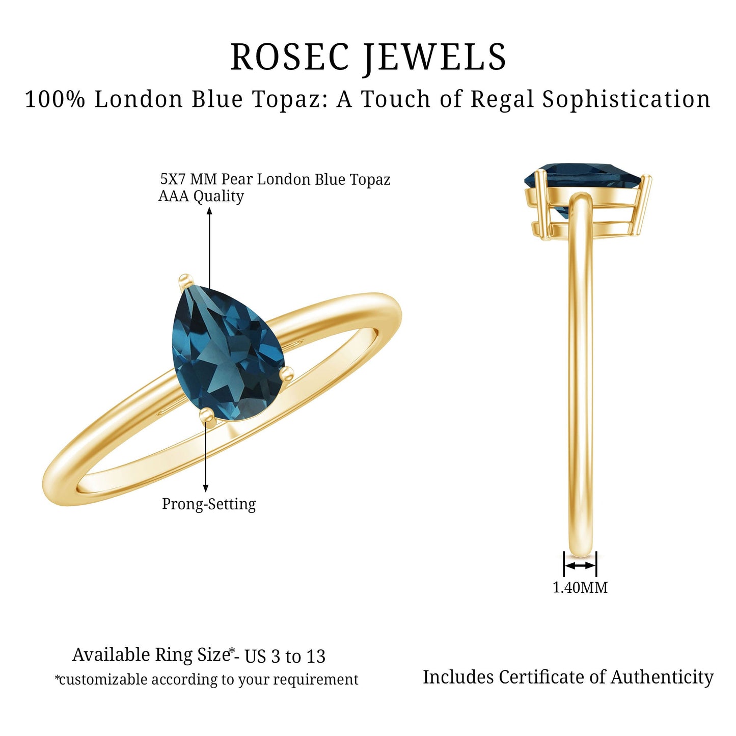 0.7 Carat Pear Shaped London Blue Topaz Solitaire Ring