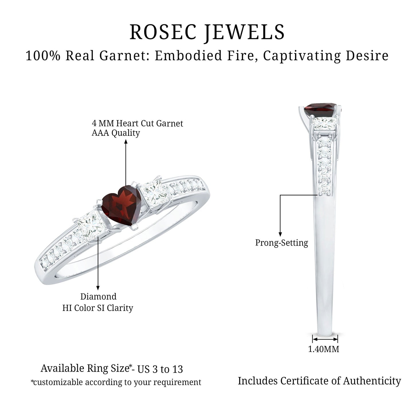 Natural Garnet Heart Shaped Promise Ring with Diamond