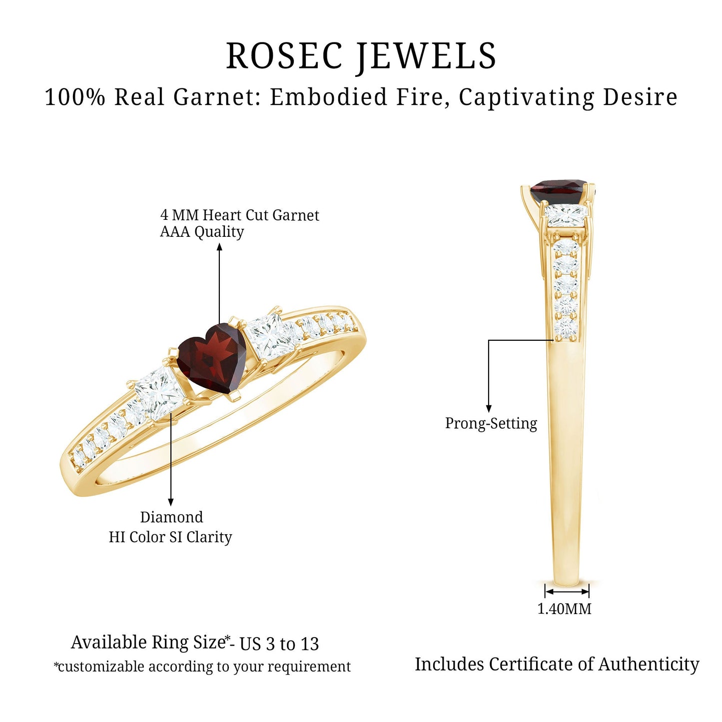 Natural Garnet Heart Shaped Promise Ring with Diamond