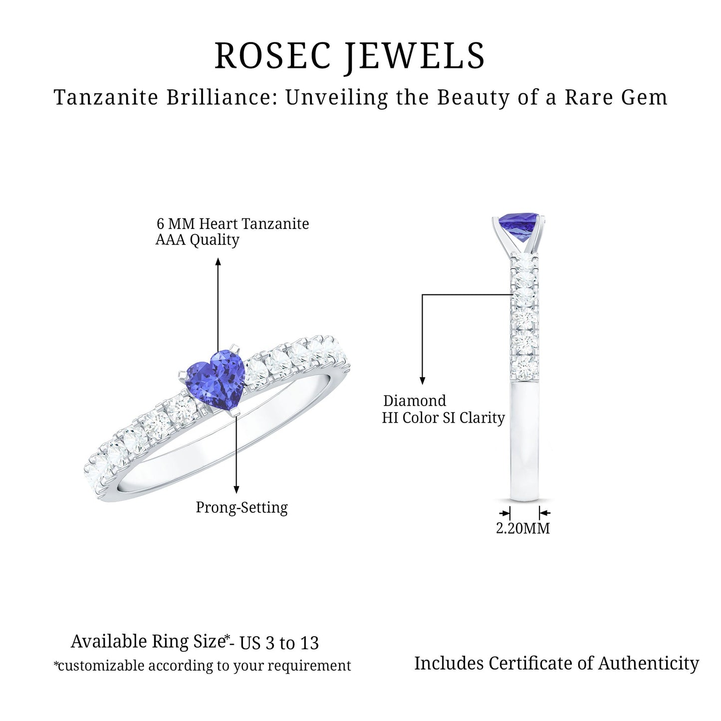 Natural Tanzanite Heart Proposal Ring with Diamond