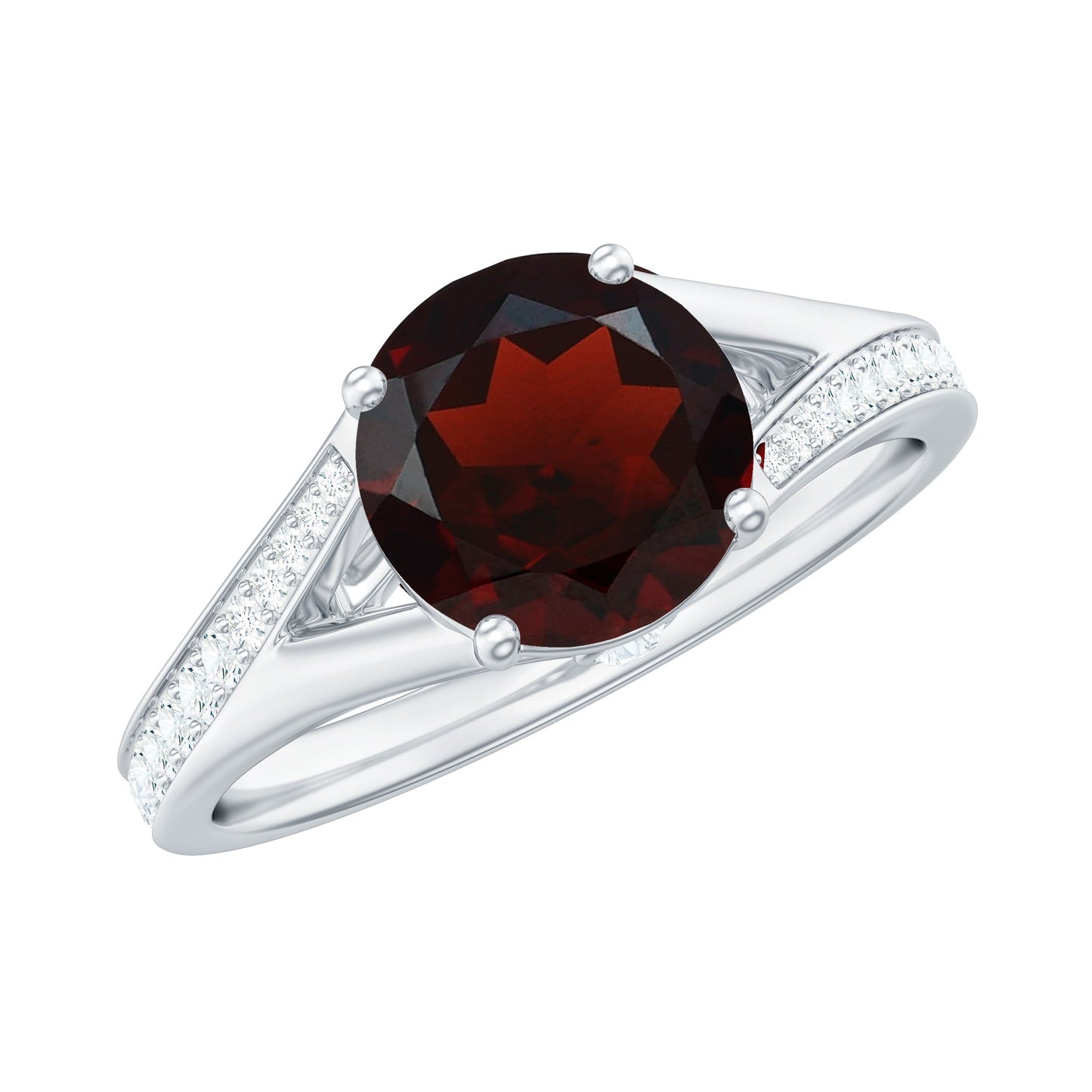 Natural Garnet Solitaire Engagement Ring with Diamond Split Shank