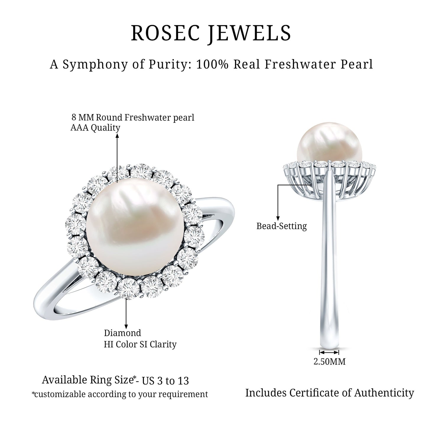 Real 7.4 Carat Freshwater Pearl Engagement Ring with Diamond Halo