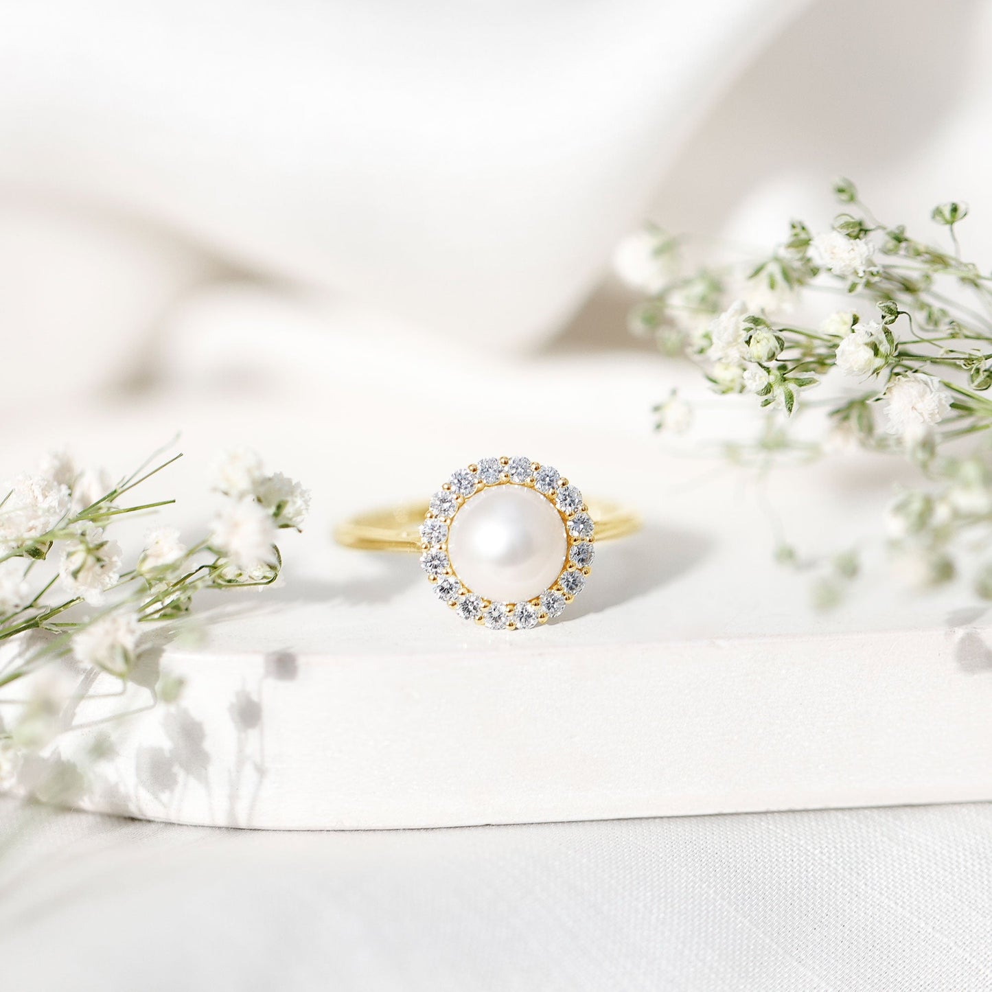 Real 7.4 Carat Freshwater Pearl Engagement Ring with Diamond Halo