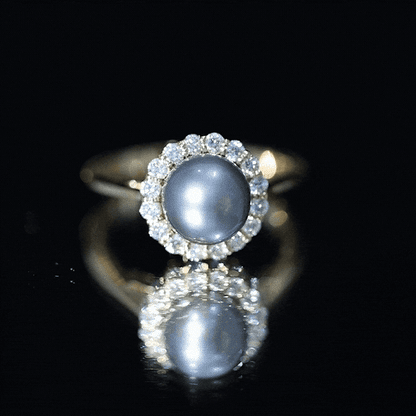 Natural Tahitian Pearl and Diamond Halo Engagement Ring