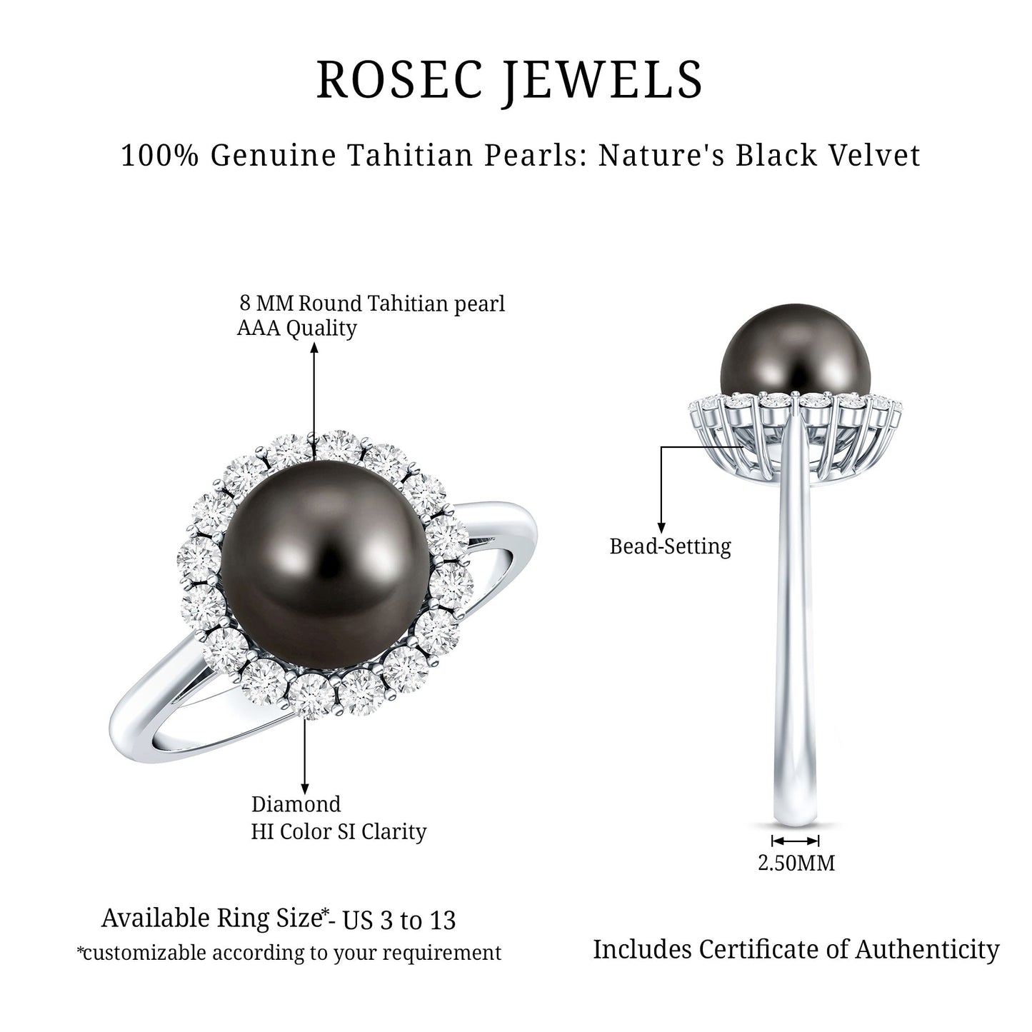 Natural Tahitian Pearl and Diamond Halo Engagement Ring
