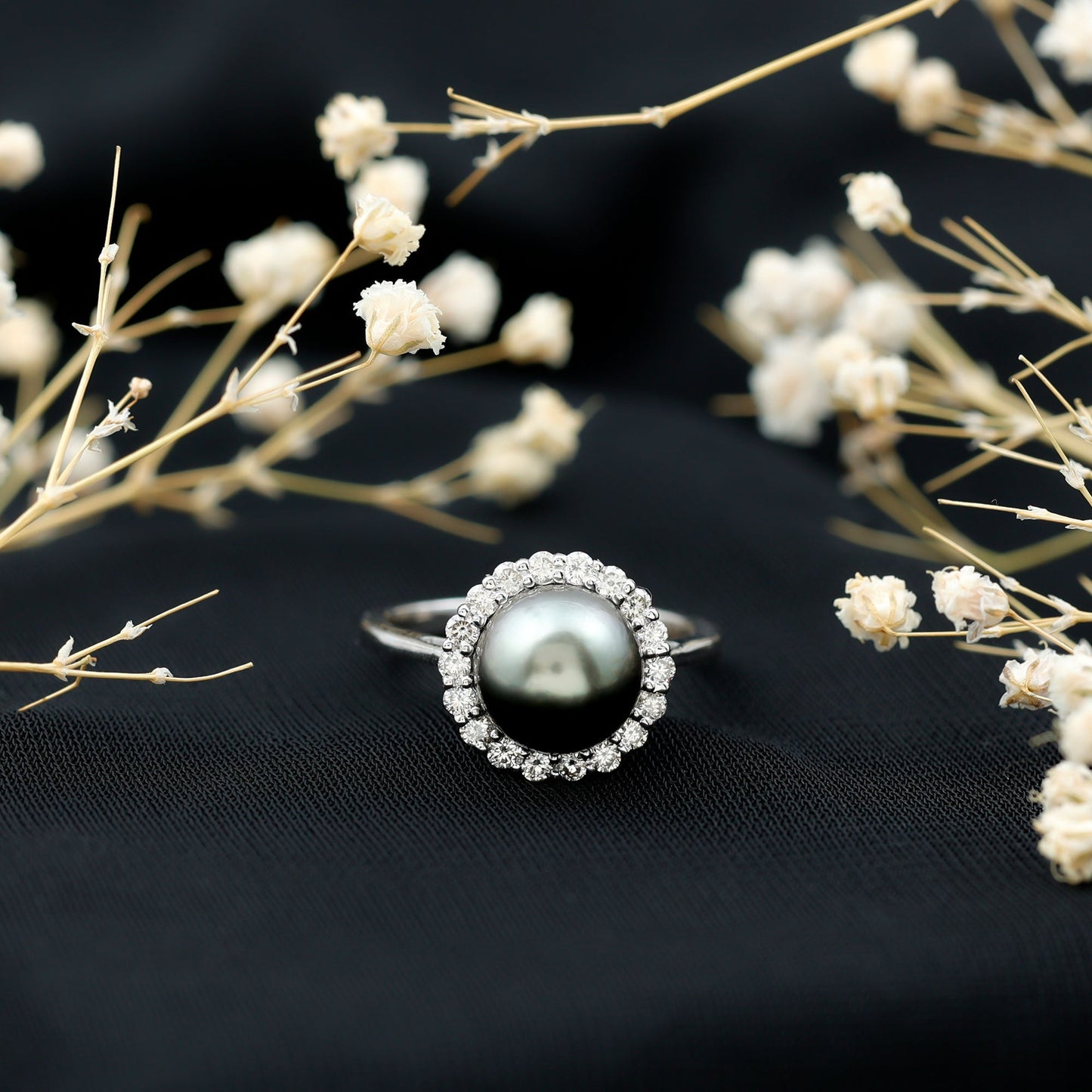 Natural Tahitian Pearl and Diamond Halo Engagement Ring