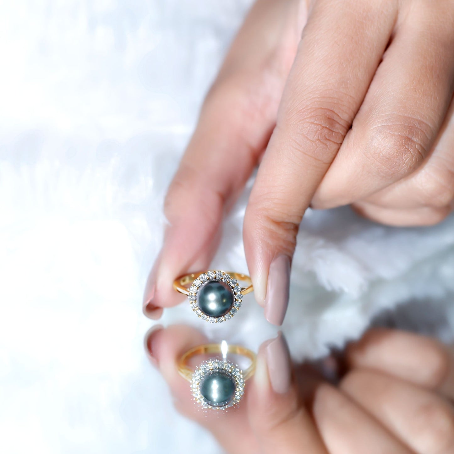 Natural Tahitian Pearl and Diamond Halo Engagement Ring