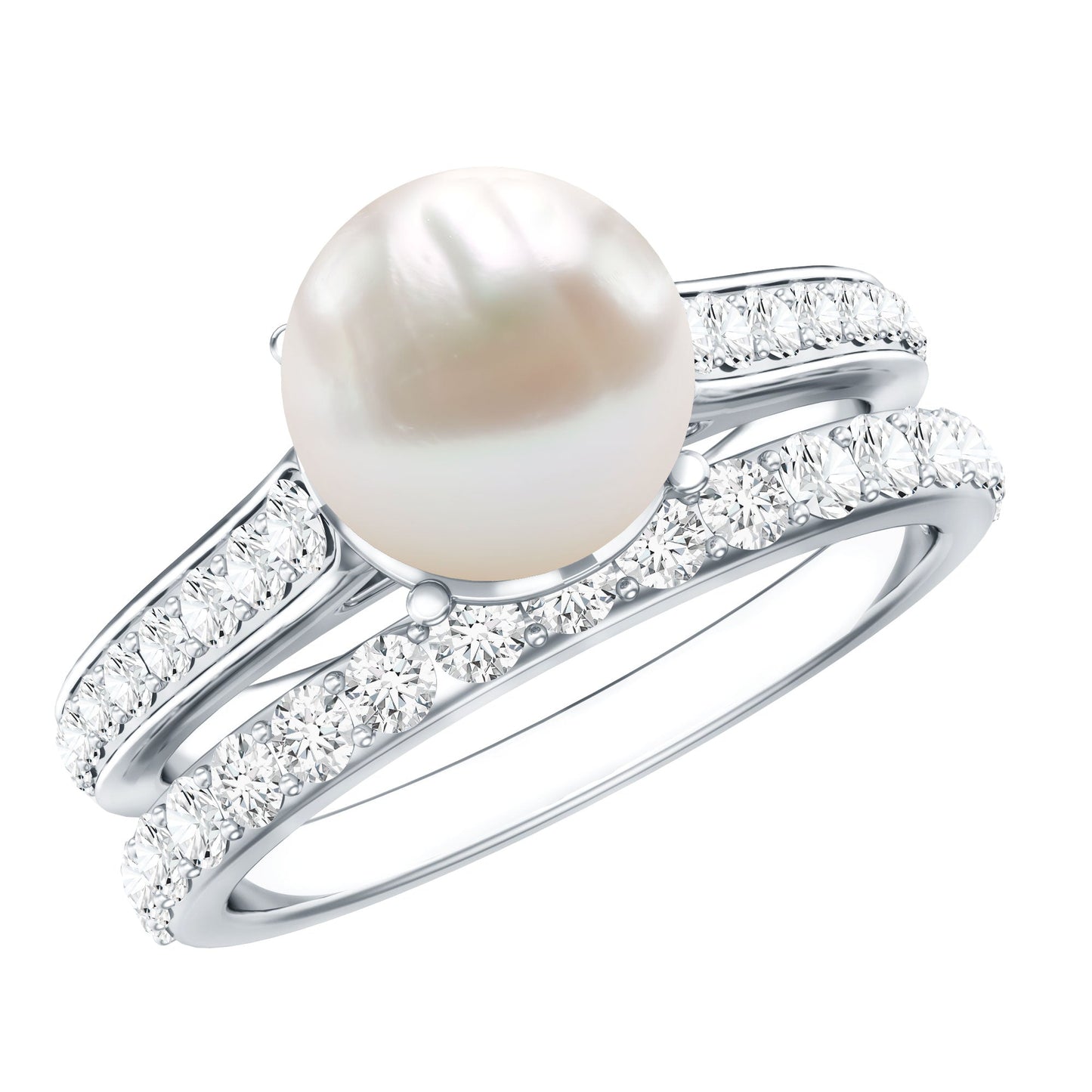 Natural White Pearl Wedding Bridal Ring Set with Moissanite