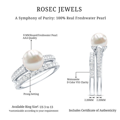 Natural White Pearl Wedding Bridal Ring Set with Moissanite
