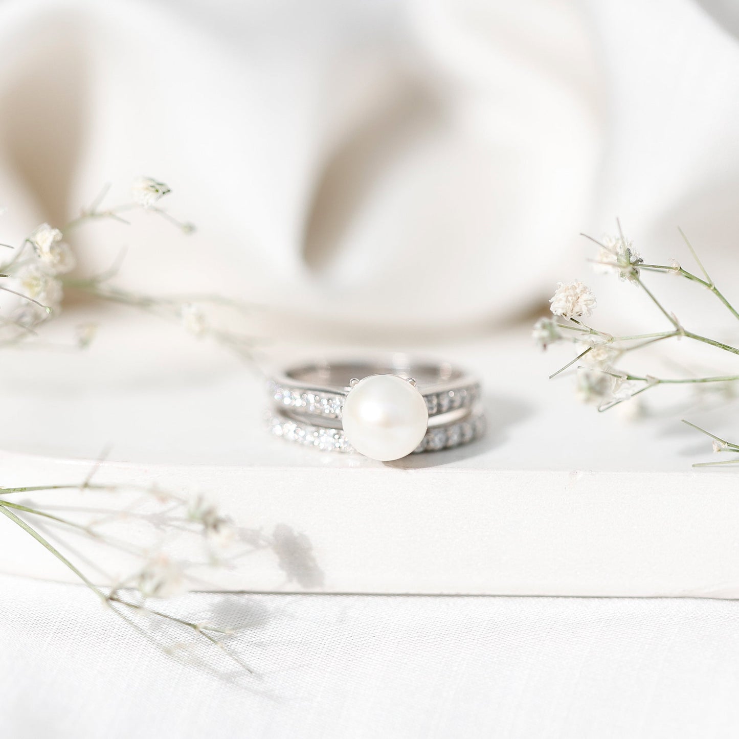 Natural White Pearl Wedding Bridal Ring Set with Moissanite