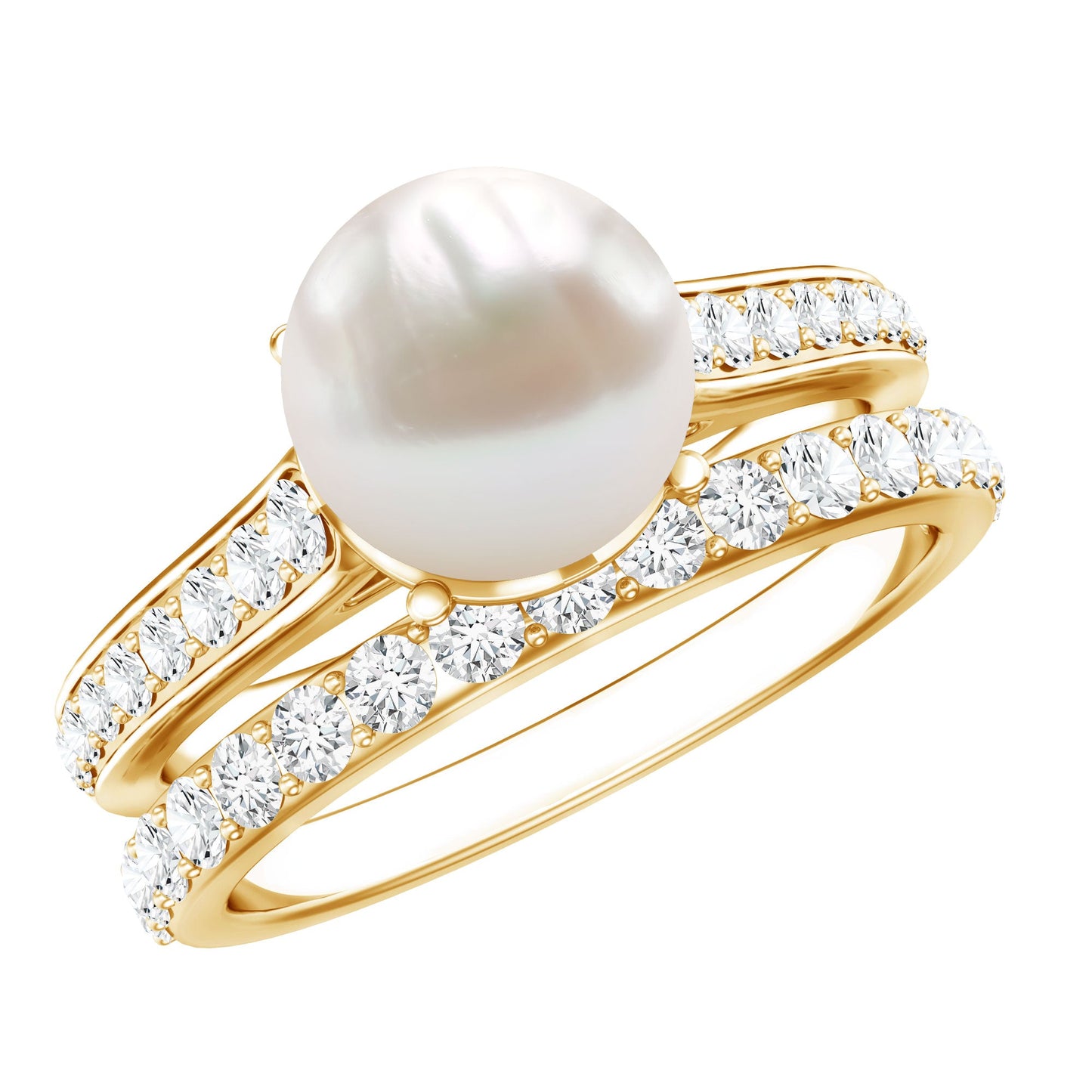 Natural White Pearl Wedding Bridal Ring Set with Moissanite