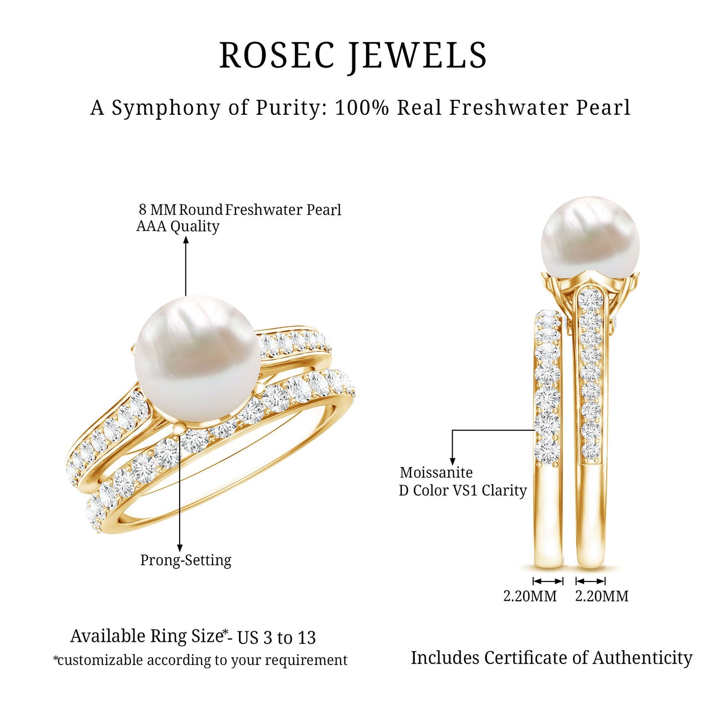 Natural White Pearl Wedding Bridal Ring Set with Moissanite