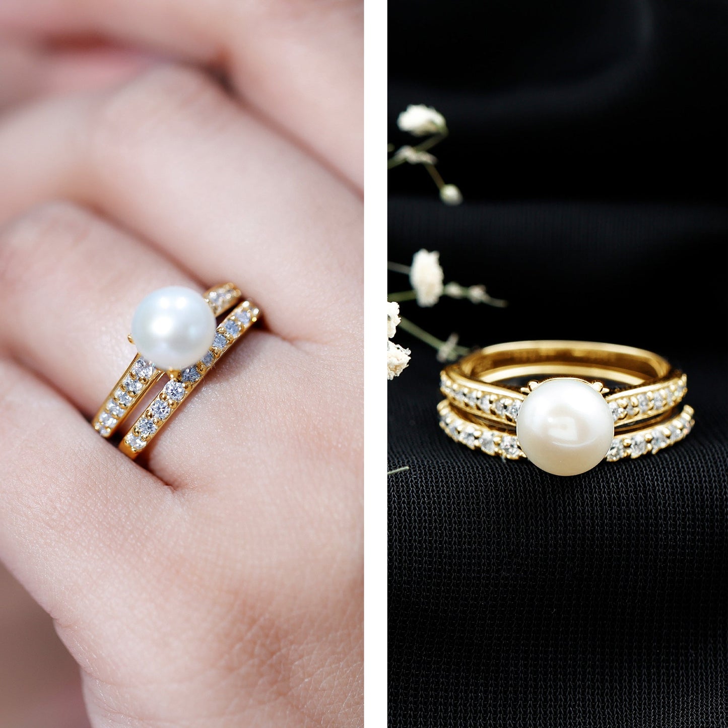 Natural White Pearl Wedding Bridal Ring Set with Moissanite