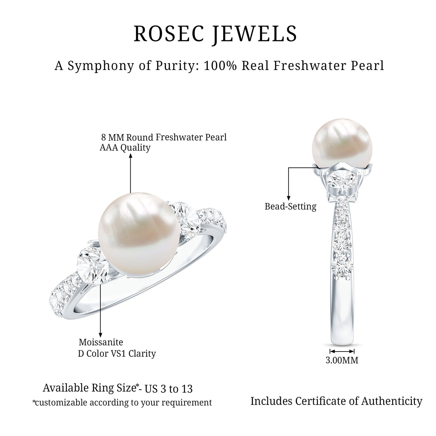 Cultured 7.4 Carat Freshwater Pearl Engagement Ring with Moissanite