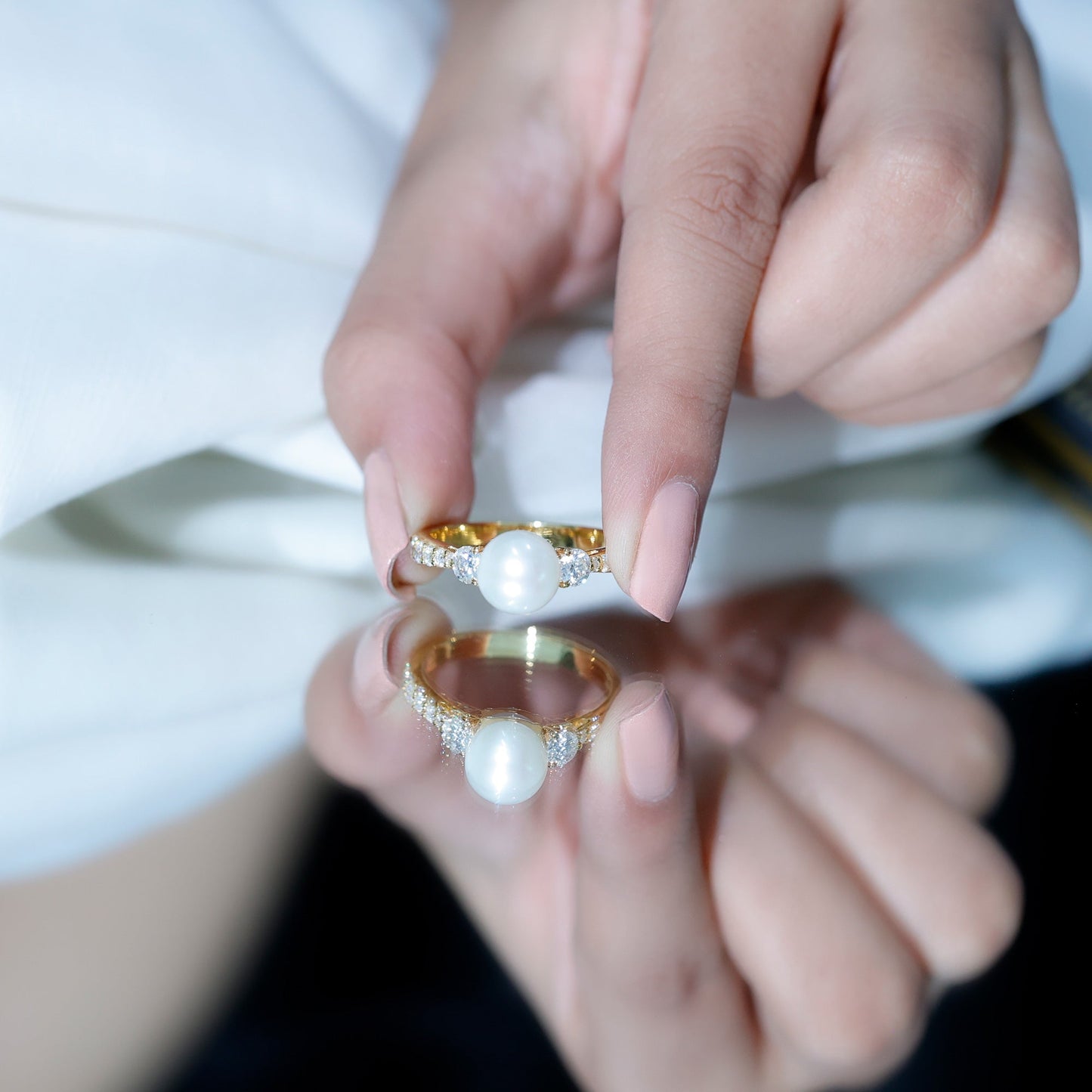 Cultured 7.4 Carat Freshwater Pearl Engagement Ring with Moissanite