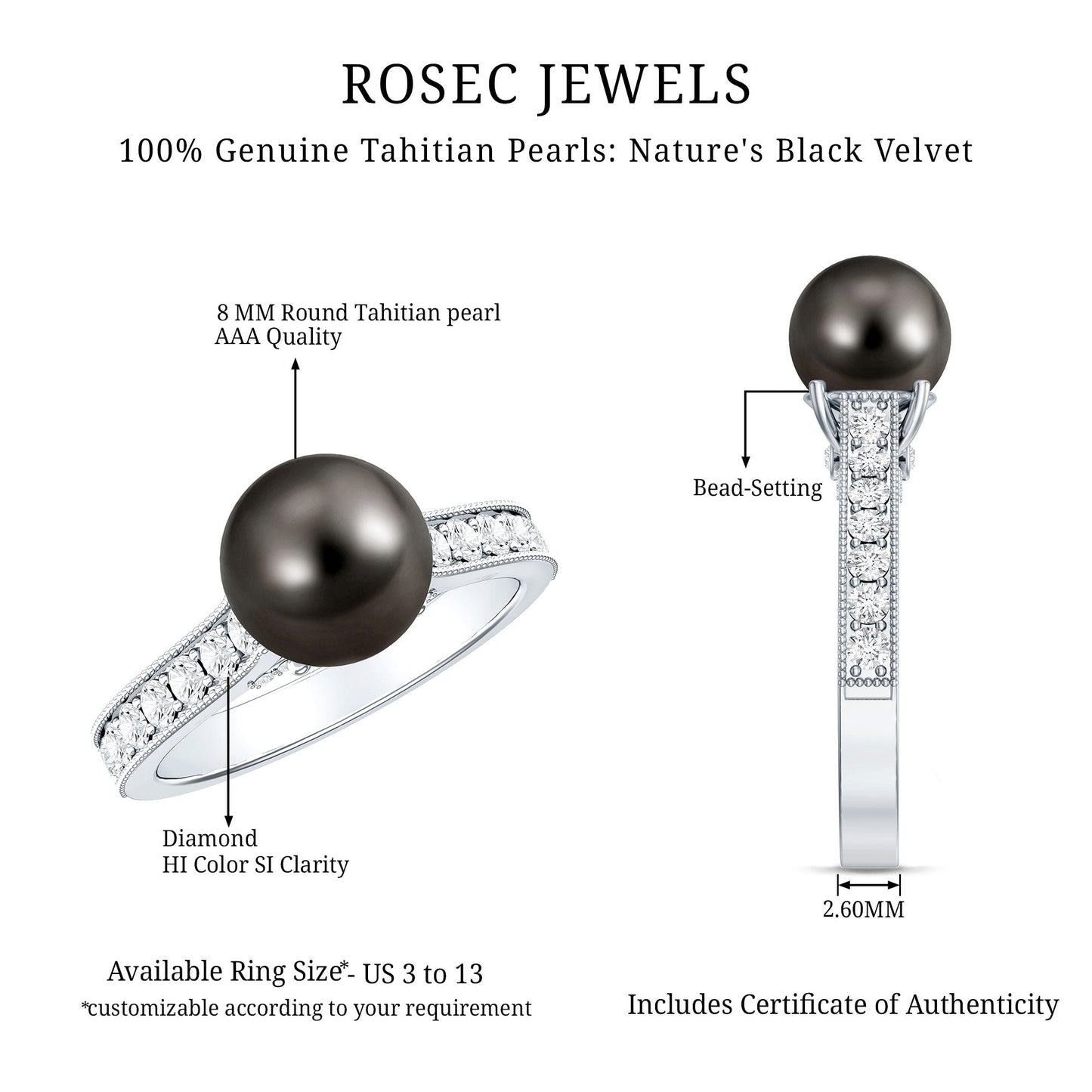 Natural Tahitian Pearl Cathedral Engagement Ring with Diamond Side Stones