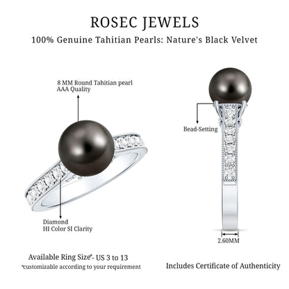 Natural Tahitian Pearl Cathedral Engagement Ring with Diamond Side Stones