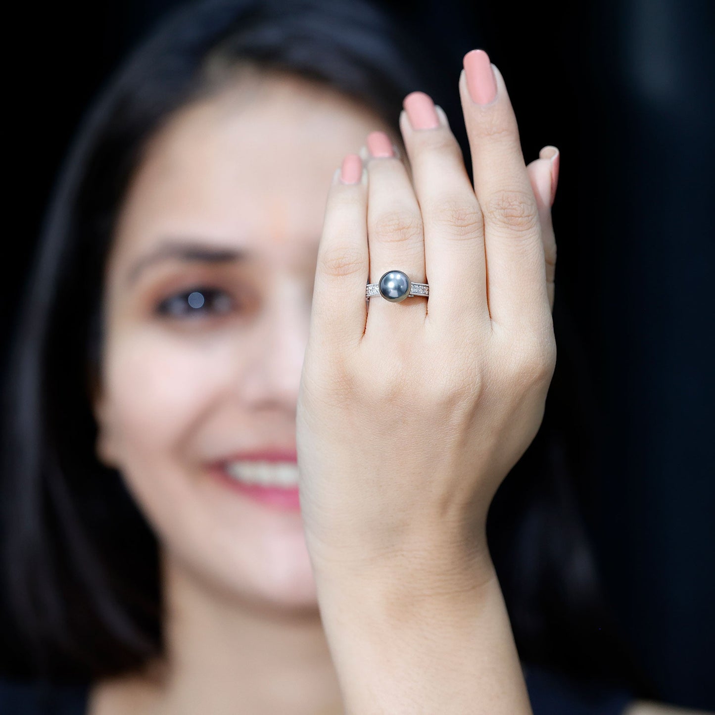 Natural Tahitian Pearl Cathedral Engagement Ring with Diamond Side Stones