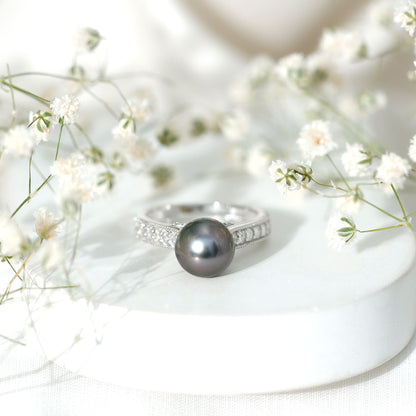 Natural Tahitian Pearl Cathedral Engagement Ring with Diamond Side Stones