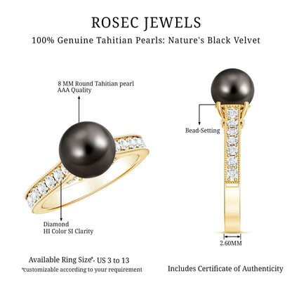 Natural Tahitian Pearl Cathedral Engagement Ring with Diamond Side Stones