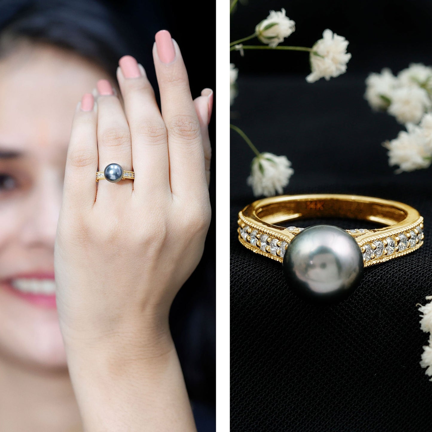 Natural Tahitian Pearl Cathedral Engagement Ring with Diamond Side Stones