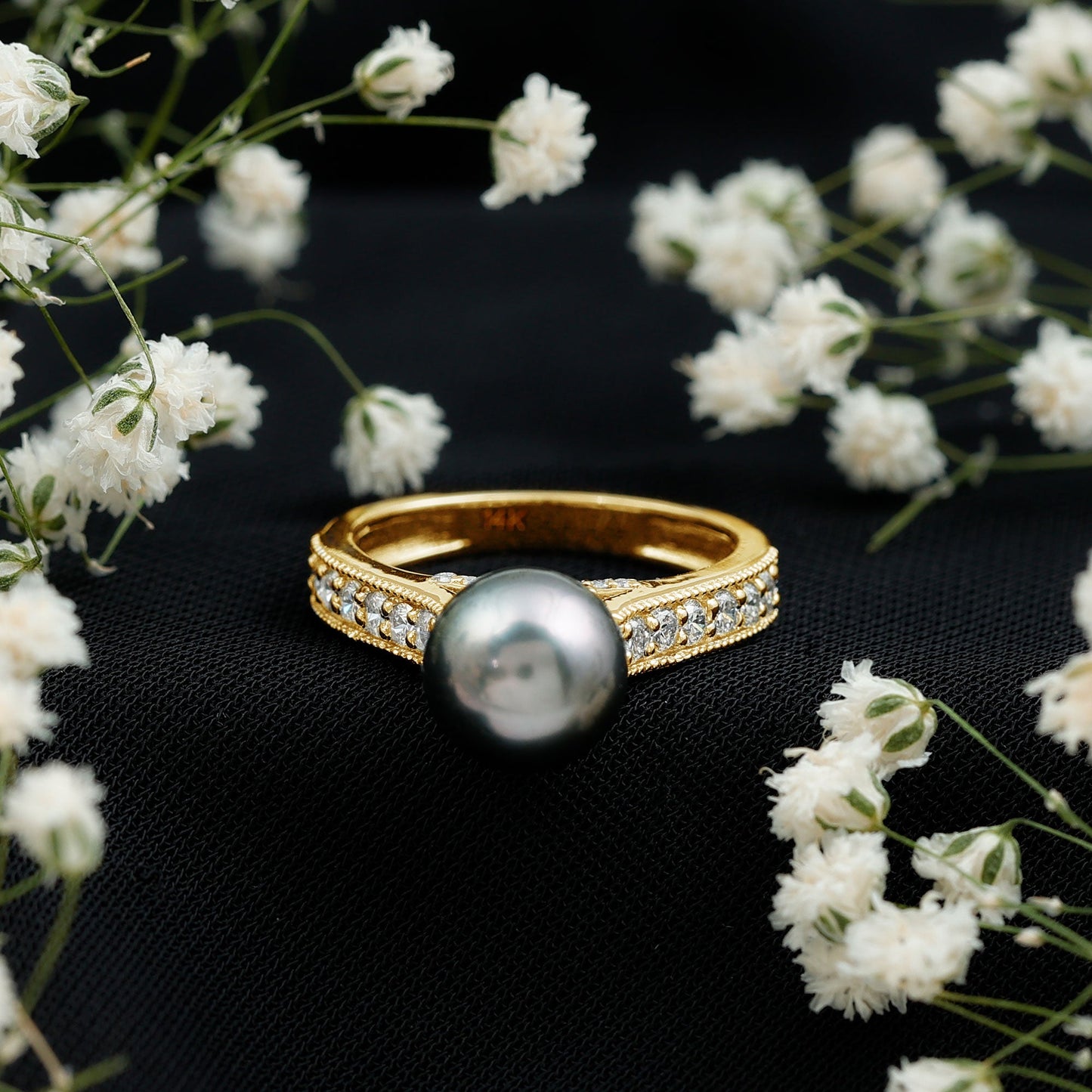 Natural Tahitian Pearl Cathedral Engagement Ring with Diamond Side Stones