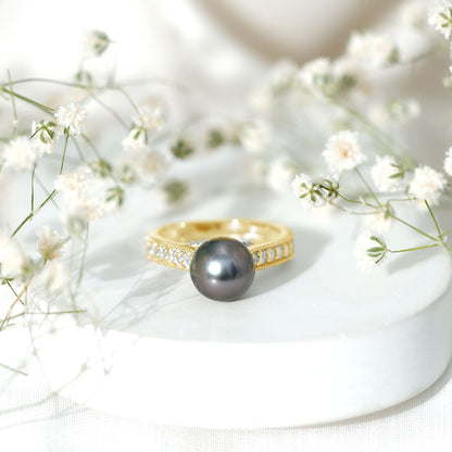 Natural Tahitian Pearl Cathedral Engagement Ring with Diamond Side Stones